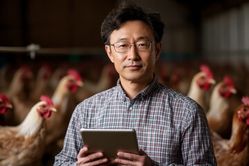 Poster - Tech-Driven Agricultural Innovation Middle-Aged Asian Male Farmer with Tablet in Sustainable Barn - Smart Livestock Management and Automated Feeding Systems for Modern Eco-Farming