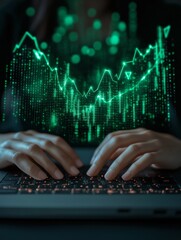 Aufkleber - Futuristic Financial Analysis Indian Woman Typing with Holographic Graphs - Modern Stock Market Insight and Business Technology Integration