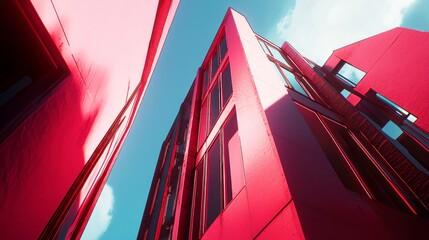 Aufkleber - Gazing upwards reveals a captivating tall structure with large windows, brilliantly illuminated by sunlight. The vibrant colors of the facade blend beautifully with the clear blue sky above