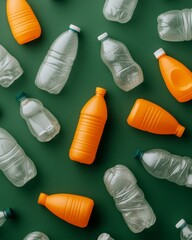 Poster - Eco-Chic Recycling Display Colorful Plastic Bottle Arrangement on Green - Sustainable Waste Management Visuals and Circular Economy Marketing Content