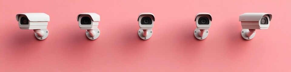 Leinwandbilder - Minimalist Surveillance Design White Security Cameras on Trendy Pink Background for Modern Urban Monitoring and Crime Prevention - Commercial Technology and Smart City Integration