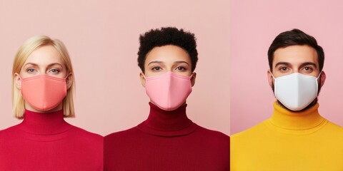 Aufkleber - Vibrant Collective Portrait Series Diverse Group with Masks on Pastel Tones - Inclusive Health Campaign and Social Responsibility Visuals in Modern Marketing
