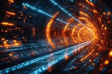 Leinwandbilder - Futuristic Digital Tunnel with Blue and Orange Data Streams Illuminated by Dramatic Lighting