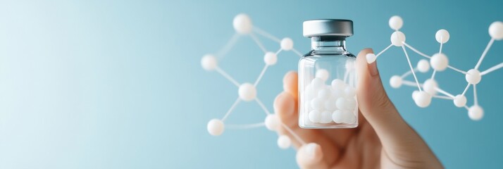 Fototapete - Futuristic Biotech Visualization Vaccine Vial and Molecular Structure in Glass and Metal for Medical Innovation and Educational Campaigns