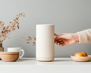 Poster - Minimalist Smart Home Decor Sleek AI-Assisted Device with Ceramic and Wood Accents on White - Next-Gen Urban Living and Automated Lifestyle Solutions