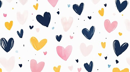 Poster - White background with pink, navy, and yellow hearts, dotted in a scattered playful arrangement.