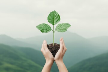 Aufkleber - Serene Eco-Aesthetic Visual Hands Holding Growing Sapling with Mountain Backdrop - Green Marketing for Sustainable Business Innovation and Environmental Awareness Promotion