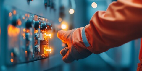 Aufkleber - Industrial-Tech Aesthetic Electrician in High-Vis Gear Adjusting Control Panel - Modern Safety Compliance and Commercial Construction Efficiency