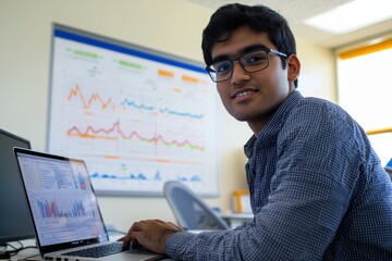 Aufkleber - Data-Driven Business Insight Young South Asian Entrepreneur Analyzing Laptop Graphs in Modern Office - Professional Growth and Business Innovation Tools for Small Enterprises