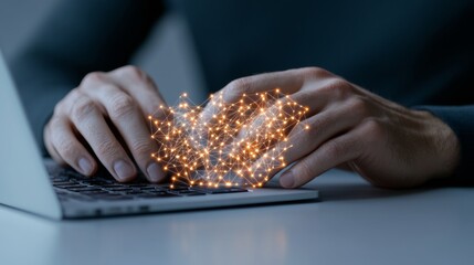 Aufkleber - Sleek Digital Finance Interface Hands Typing on Laptop with Glowing Crypto Icons and Blockchain Web - Innovative Fintech Imagery for Modern Business Solutions