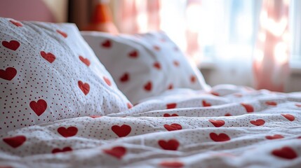 Poster - Soft sheets with scattered red hearts create a warm and inviting atmosphere in a sunlit bedroom, perfect for a cozy morning or afternoon nap. Light dances through sheer curtains