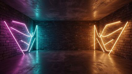 Leinwandbilder - A cutting-edge design that incorporates bright neon illumination set against a rustic, grungy brick wall, rendered in three dimensions