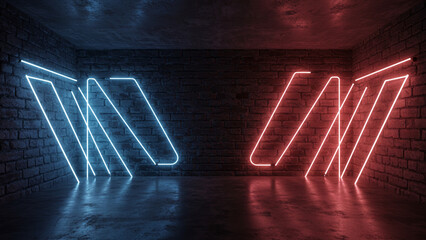 Leinwandbilder - An innovative scene showcasing luminous neon lights juxtaposed with a weathered brick wall, creating a striking contrast. This is presented in 3D rendering