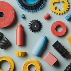 Fototapete - Vibrant Tech Prototyping Bold Filament Rolls and Resin Bottles on Minimalist Surface for Innovative Printing Industrial Design and Eco-minded Manufacturing