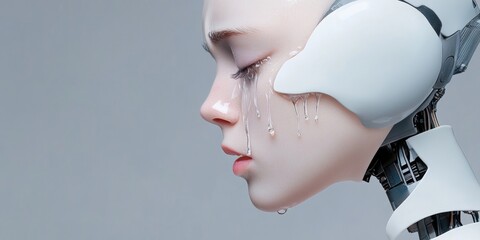Aufkleber - Futuristic AI Portrait High-Res Android with Emotive Synthetic Tears, Showcasing Human-Tech Convergence in Digital Art for Emotional Engagement and Innovative Branding