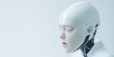 Poster - Futuristic Android Portraits Emotive Tears on Sleek Synthetic Surface for AI Innovation in Digital Marketing and Emotional Engagement Strategies