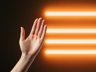 Aufkleber - Minimalist Lighting Design Elegant Hand Against Warm Neon Glow Modern Visual Content for Innovative Marketing and Aesthetic Brand Promotions