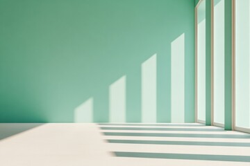 Wall Mural - Serene Minimalist Architecture Sunlit Green Wall with Linear Window Shadows - Modern Workspace Design and Tranquil Branding Aesthetic