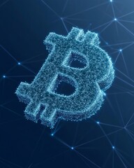 Fototapete - Futuristic Blockchain Glowing Bitcoin Symbol with Interconnected Nodes - Digital Finance Solutions and Global Investment Insights in Tech Innovation
