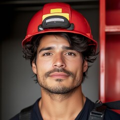 Aufkleber - Modern Emergency Preparedness Realistic Portrait of Male Firefighter in Red Helmet - Public Safety Stock Content for Crisis Management and Community Outreach