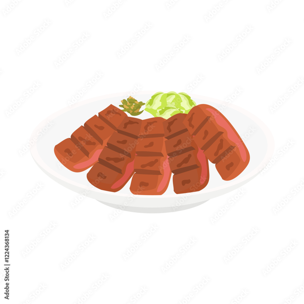 仙台の牛タン焼き。フラットなベクターイラスト。 Sendai grilled beef