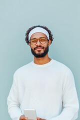 Aufkleber - Minimalist Portrait Bearded Man in White Knit Sweater with Smartphone - Digital Content Creation and Modern Branding for Lifestyle Campaigns