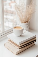 Poster - Minimalist Workspace Cozy White Ceramic Mug on Stacked Books by Window - Enhancing Productivity for Modern Remote Work and Contemporary Learning Spaces