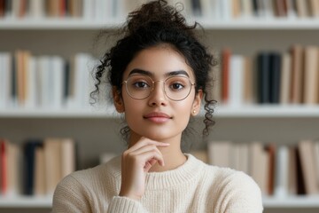 Poster - Contemporary Intellectual Aesthetic Young Woman with Glasses in Cozy Knitwear and Curly Hair - Modern Library Setting for Educational Branding and Academic Engagement