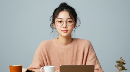 Poster - Focused Minimalist Study Space Korean Woman Engaged with Certification Exam App on Laptop - Modern Workplace Efficiency and Digital Learning for Career Advancement