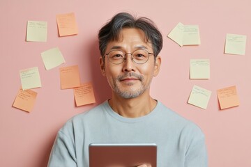 Aufkleber - Modern Professional Focus Korean Man with Tablet and Notes - Digital Exam Prep and Skill Development in Tech-Friendly Workspace Design