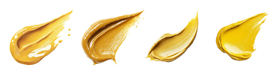 Poster - Four golden paint swirls are displayed against a black background showcasing various textures and consistencies.