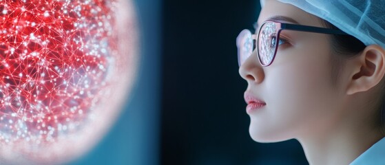 Fototapete - Futuristic Cybersecurity Interface Asian Female IT Expert Analyzing Holographic Network Data - Cutting-Edge Digital Protection and Industry Innovation