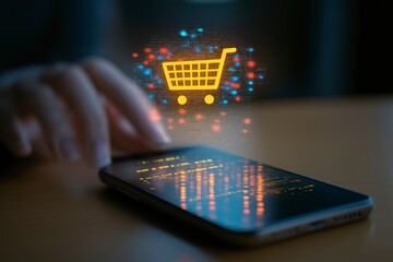 Poster - Digital Shopping Experience with Smartphone and Interactive Cart Icon for E-commerce and Online Retail Concept