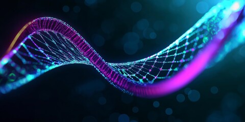 Poster - Futuristic Abstract Wave Pattern with Colorful Lights and Bokeh Effect in Deep Blue Background