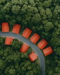 Poster - Eco-Urban Design Aesthetic Drone View of Red Roof Houses Amidst Greenery on Curved Road - Sustainable Housing for Modern Urban Living and Real Estate Innovation
