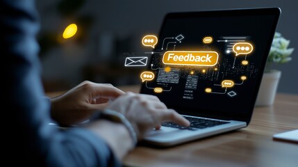 Poster - Modern Technology Concept for Feedback Analysis on Laptop with Online Communication Icons and Displayed Data