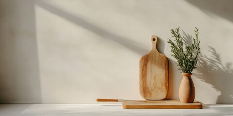 Poster - Sustainable Minimalist Kitchen Decor Wooden Cutting Boards and Ceramic Vase on White Surface - Modern Culinary Content and Eco-Friendly Home Merchandising