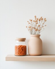 Poster - Minimalist Pantry Design Glass Jar with Wooden Lid and Dry Flowers on Natural Wood Shelf - Sustainable Living and Zero Waste Home Organization