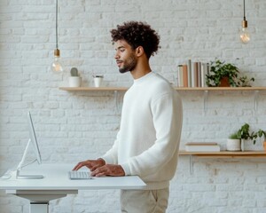 Aufkleber - Urban Loft Workspace Industrial Decor with Standing Desk and Exposed Brick - Tech Innovation in Startup Culture for Modern Creative Professionals