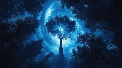 a towering tree in a mystical blue night forest