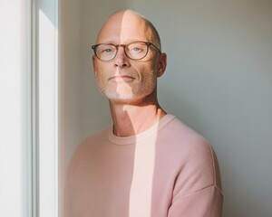 Poster - Soft Minimalism Portrait Bald Middle-Aged Man in Pastel Sweater by Sunlit Window - Emotional Intelligence and Authenticity in Modern Business Imagery