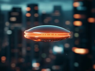 Aufkleber - Futuristic Urban UFO Encounter Glowing Spaceship Reflections on Skyscrapers for Sci-Fi Cinematic Design in Modern Entertainment and Event Marketing