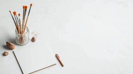 Poster - Cinematic Creative Workspace Rustic Art Supplies and Sketchbook in Minimalist Studio - DIY Crafting Trends and Artistic Brand Development