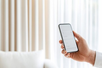 Aufkleber - Minimalist Tech Aesthetic Korean Man in 30s Uses Smartphone for Smart Home Lighting - IoT Innovation in Modern Living Spaces with Natural Light and Touch Control Interface