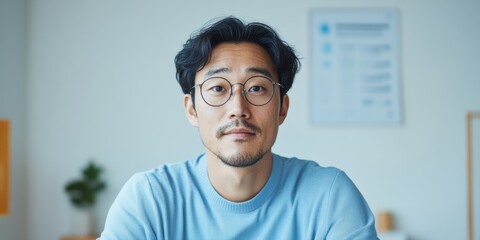 Poster - Young East Asian man wearing round glasses and a light blue sweater, looking directly at the camera in a softly lit modern home office. Minimalist decor with a blurred framed document and plant.