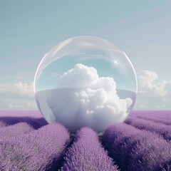 Wall Mural - White cloud inside a transparent sphere above a lavender field and blue sky