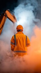 Poster - Industrial Safety Excellence Vibrant Orange Gear in Foggy Heavy Machinery Scene - Advanced Manufacturing Content and Enhanced Workplace Protection Campaign