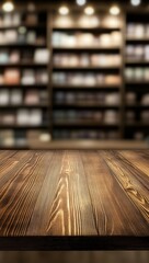 Poster - Empty wooden table against blurred bookstore background.