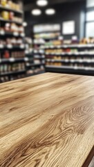 Poster - Wooden table in blurry supermarket.