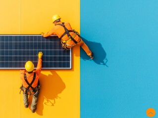 Aufkleber - Vibrant Sustainable Architecture Workers Installing Solar Panels on Colorful Rooftop - Urban Renewable Energy Solutions for Eco-Friendly Construction